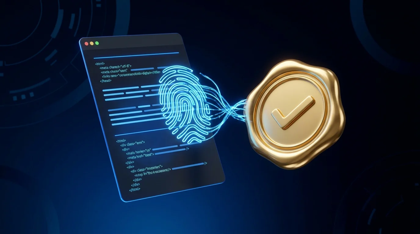 Image Placeholder 2: A glowing digital fingerprint transforming into a shiny golden wax seal of approval on a digital document.