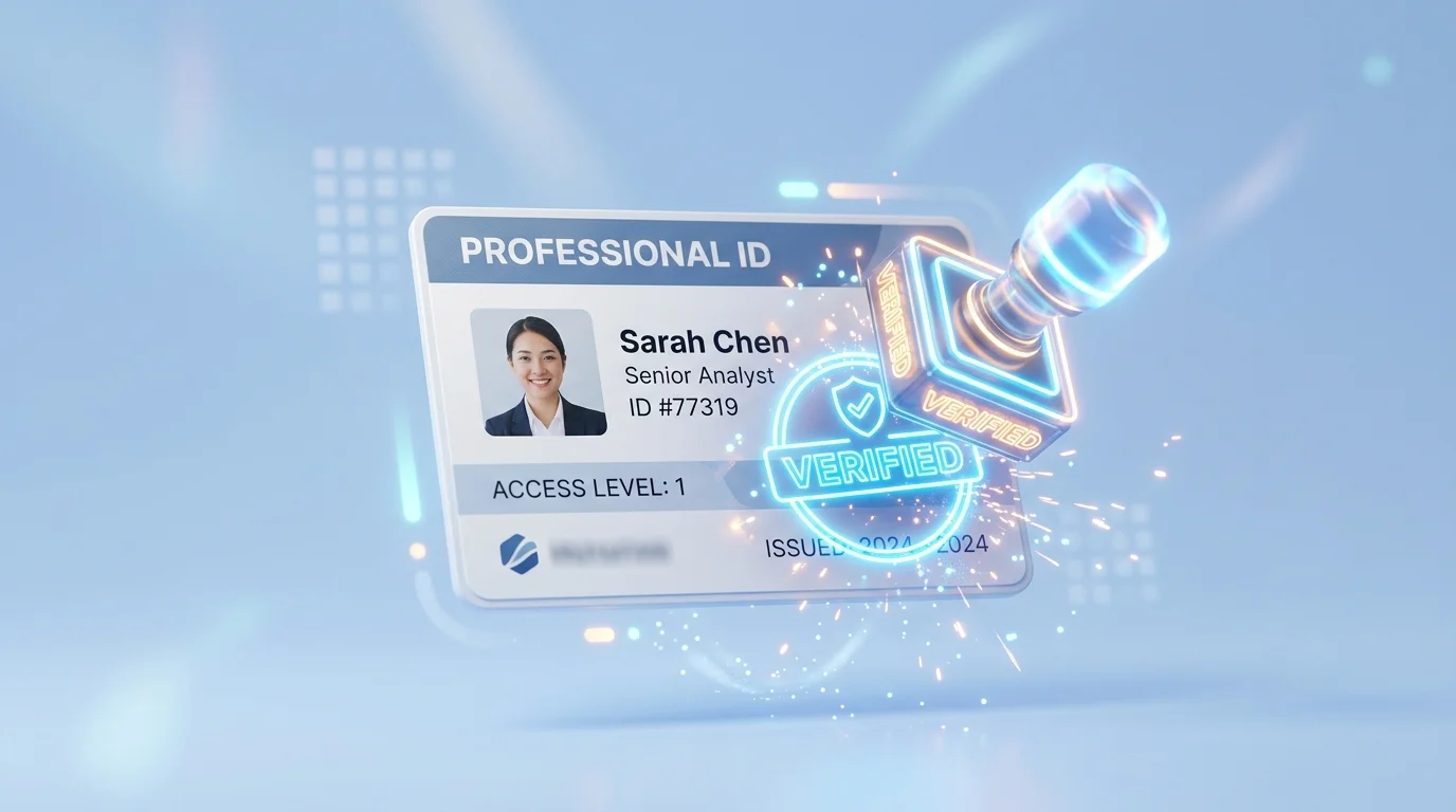 Image Placeholder 2: A professional badge or ID card floating, being stamped with a bright glowing 'VERIFIED' seal.