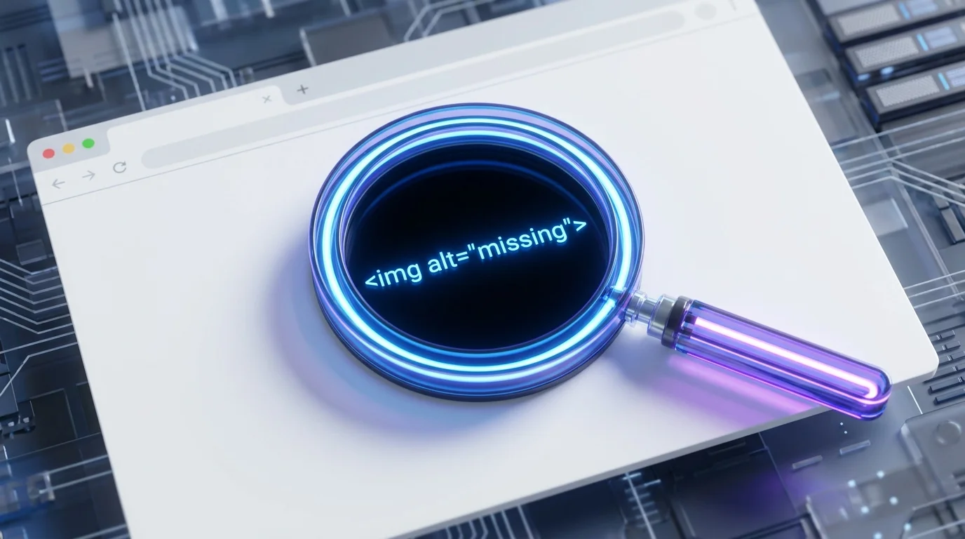 Image Placeholder 2: A magnifying glass inspecting a web page. Where an image should be, it only reveals glowing HTML code like `<img alt="missing">`.