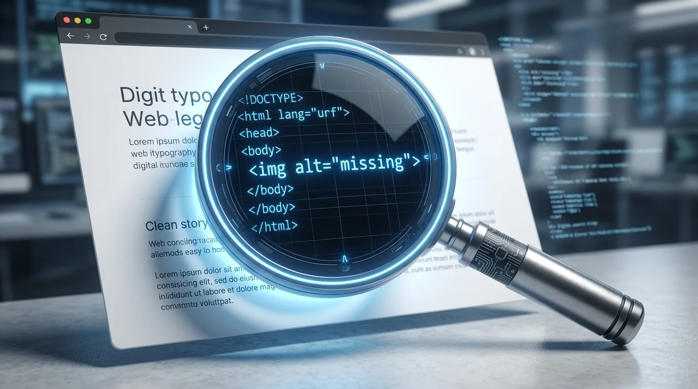 Image Placeholder 2: A magnifying glass inspecting a web page. Where an image should be, it only reveals glowing HTML code like `<img alt="missing">`.