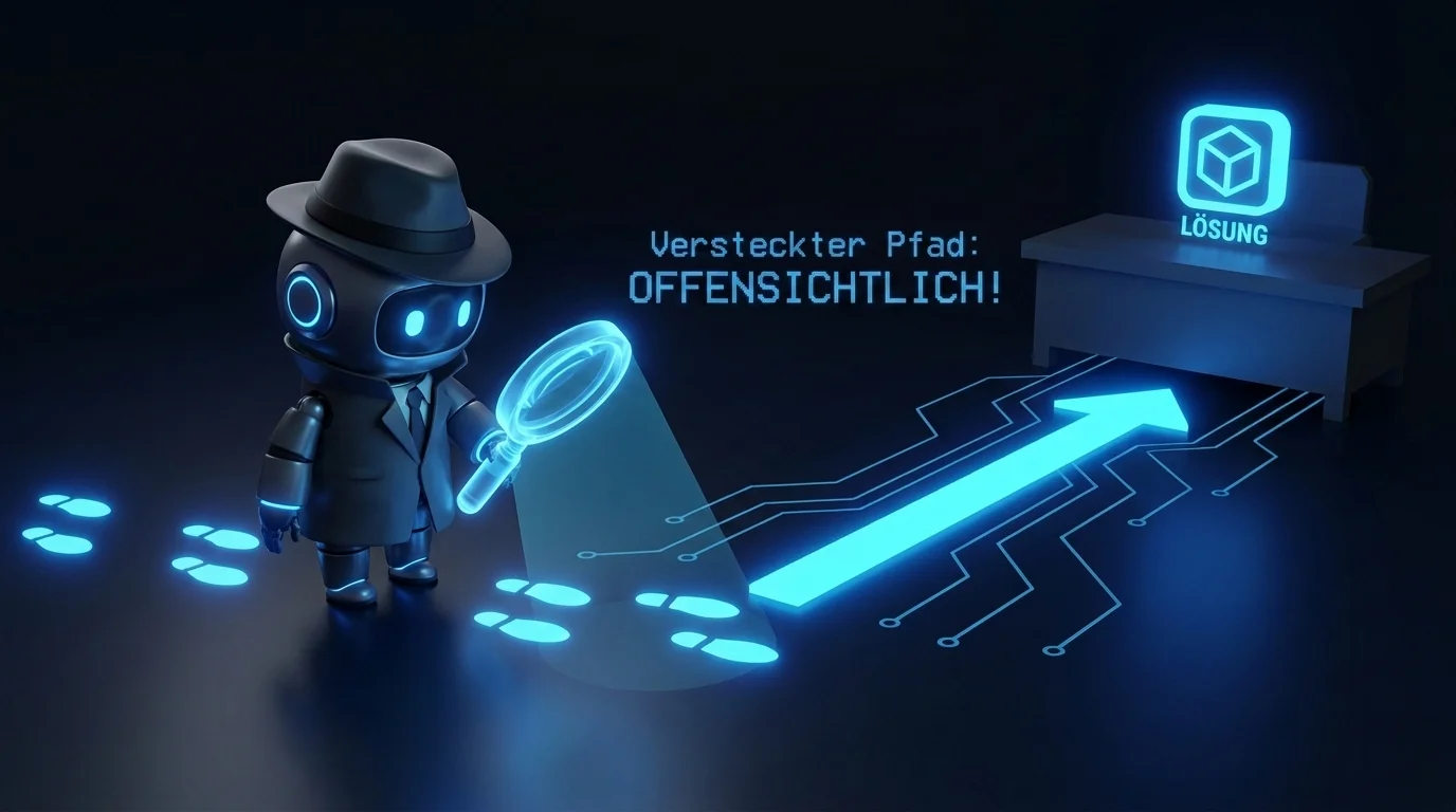 Image Placeholder 2: A robotic detective looking through a magnifying glass at footprints on the ground. A bright neon blue arrow explicitly connects the footprints to show the exact path.