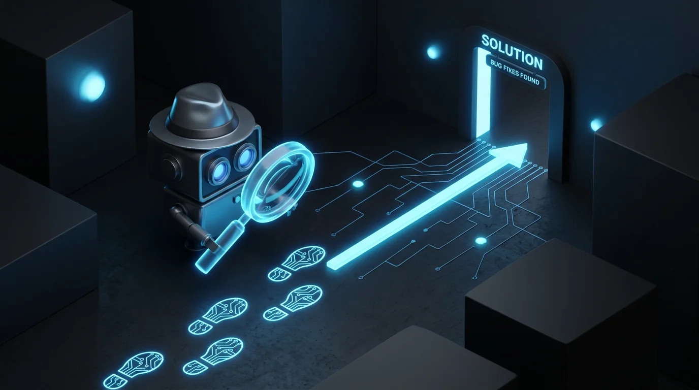 Image Placeholder 2: A robotic detective looking through a magnifying glass at footprints on the ground. A bright neon blue arrow explicitly connects the footprints to show the exact path.