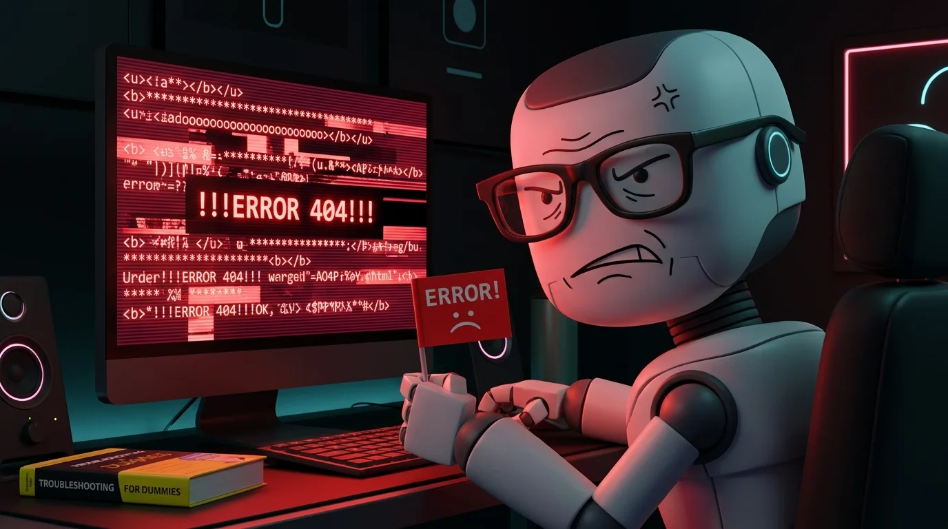 Image Placeholder 2: A robot wearing thick glasses, looking at a board filled with glitched, corrupted text symbols, holding a red error flag.