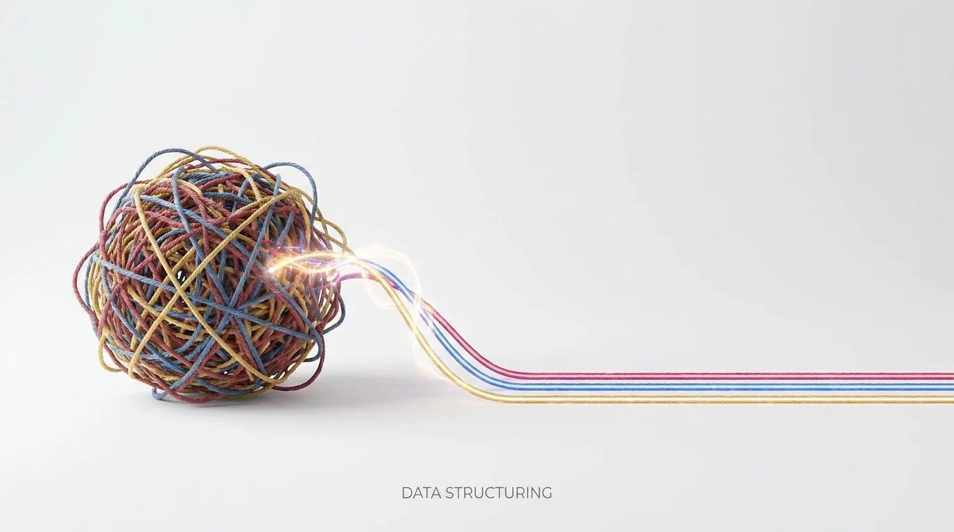 Image Placeholder 2: A chaotic, tangled ball of yarn on the left side. On the right side, the yarn is neatly sorted into three perfectly straight, colorful lines. Minimalist 3D render.