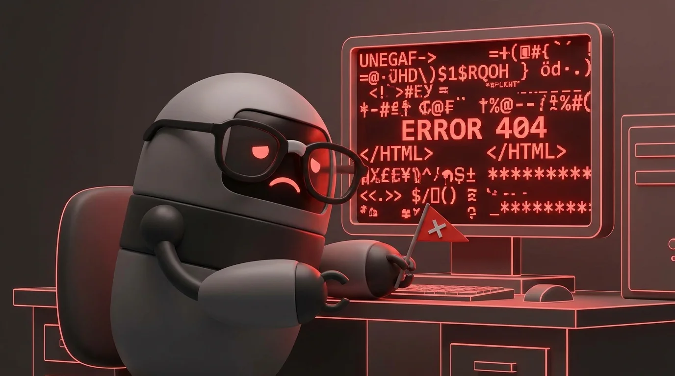Image Placeholder 2: A robot wearing thick glasses, looking at a board filled with glitched, corrupted text symbols, holding a red error flag.