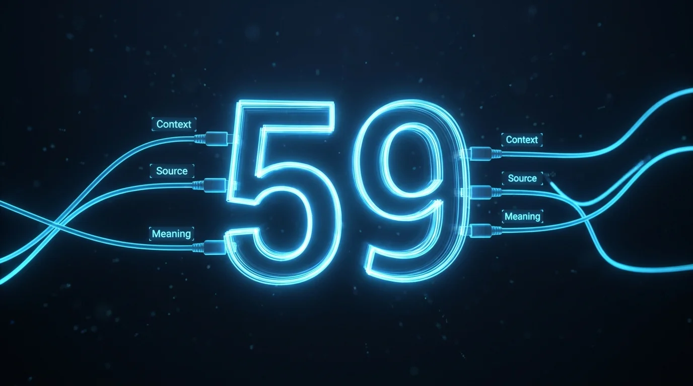 Image Placeholder 2: A floating number '59' being grabbed by glowing digital cables that label it with 'Context', 'Source', and 'Meaning'.