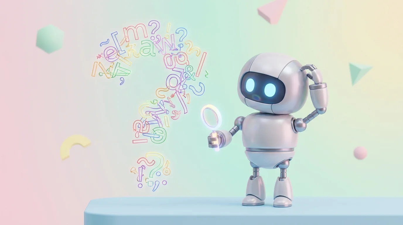 Image Placeholder 2: A cute 3D robot looking extremely confused at a giant floating question mark, holding a magnifying glass.