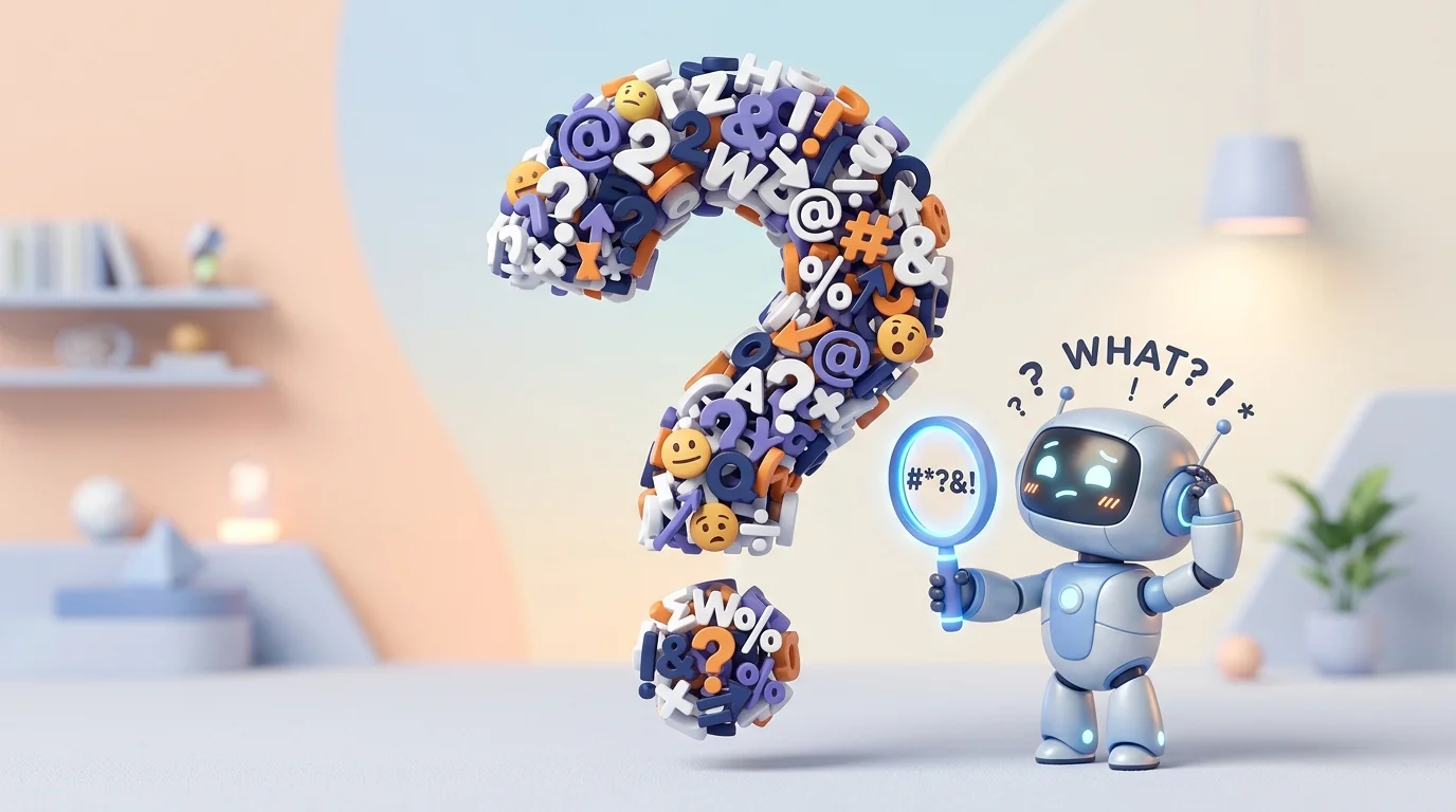Image Placeholder 2: A cute 3D robot looking extremely confused at a giant floating question mark, holding a magnifying glass.