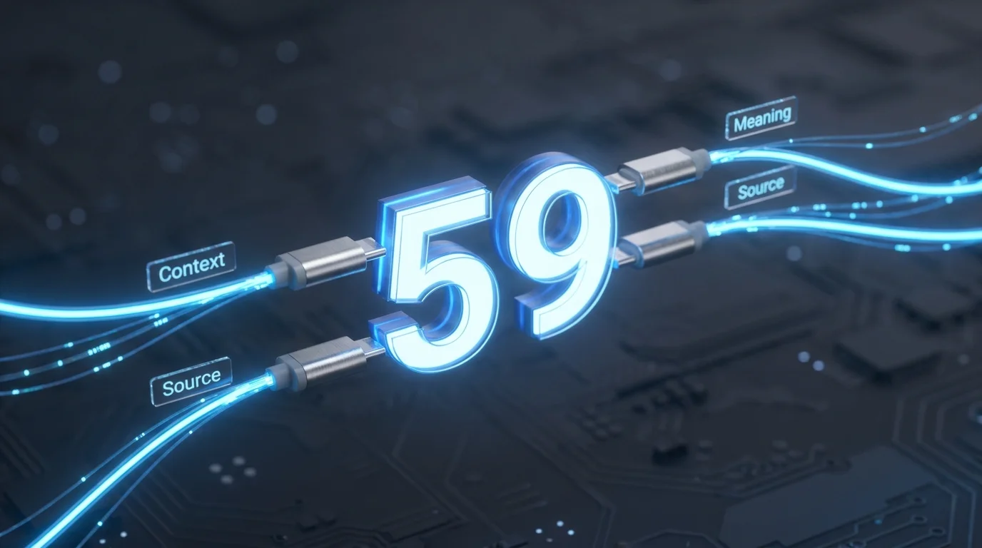Image Placeholder 2: A floating number '59' being grabbed by glowing digital cables that label it with 'Context', 'Source', and 'Meaning'.