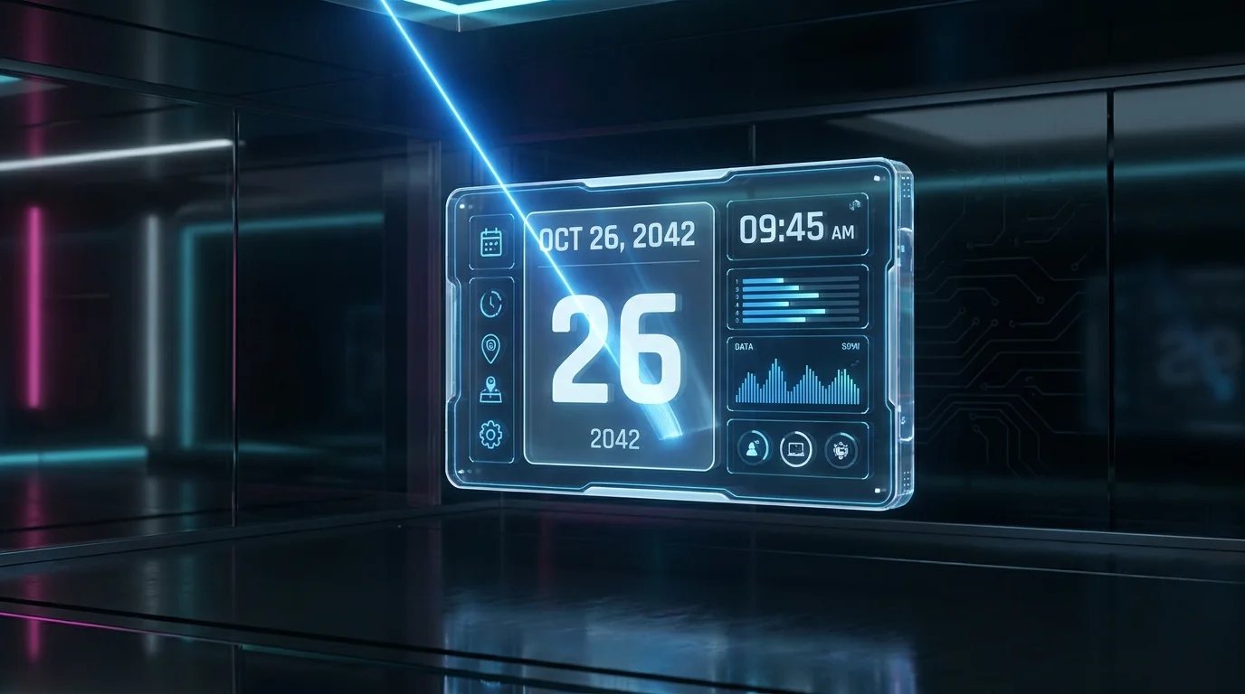 Image Placeholder 2: A futuristic digital calendar widget floating in mid-air, being scanned by a bright blue laser beam. Highly detailed 3D render.
