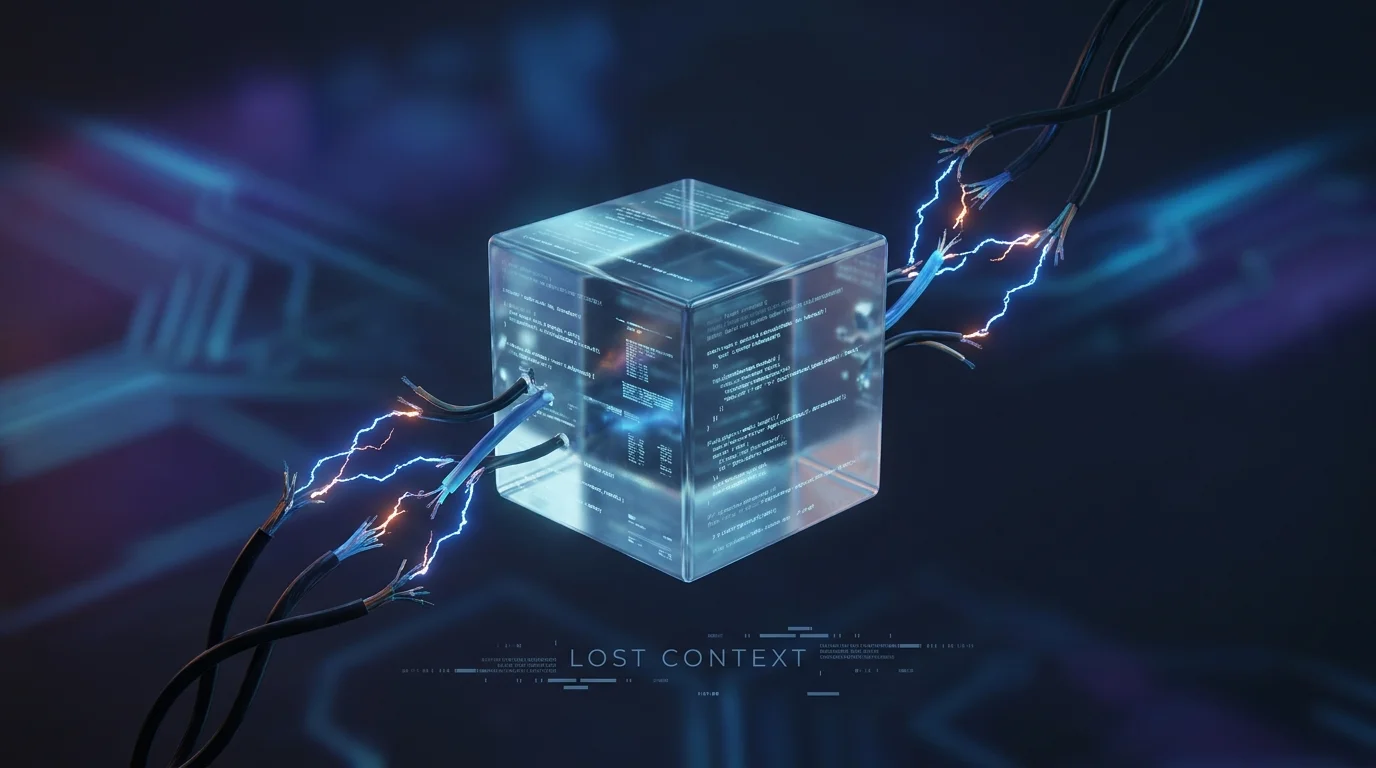 Image Placeholder 2: A glowing text block floating in space, but its connection cables to other blocks are snapped and sparking.