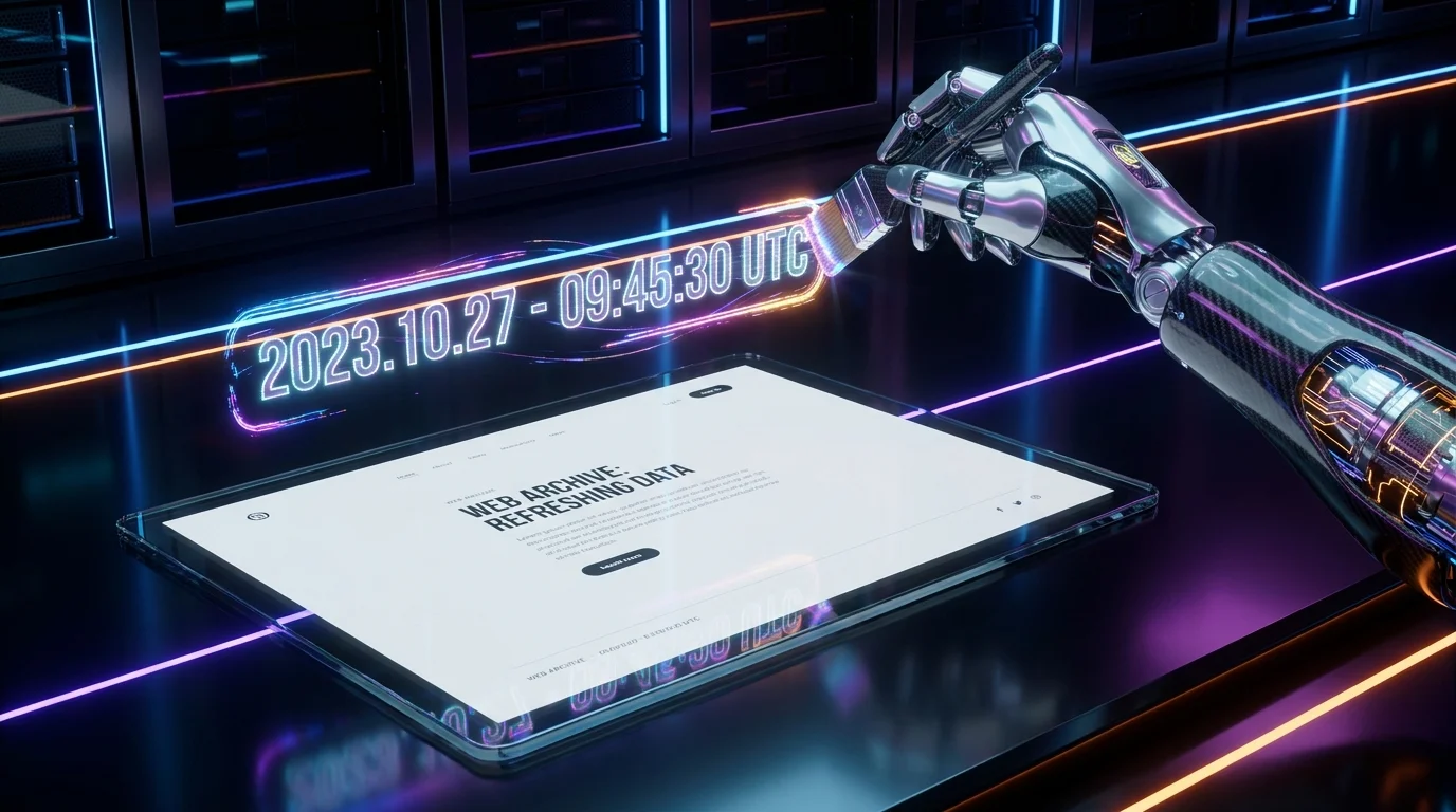 Image Placeholder 2: A glowing holographic timestamp hovering above a web page, being actively refreshed by a mechanical robotic arm.
